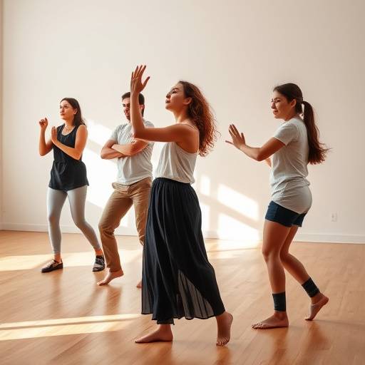 Schauspielschüler üben Bewegung und Tanz im Kurs Körperausdruck
