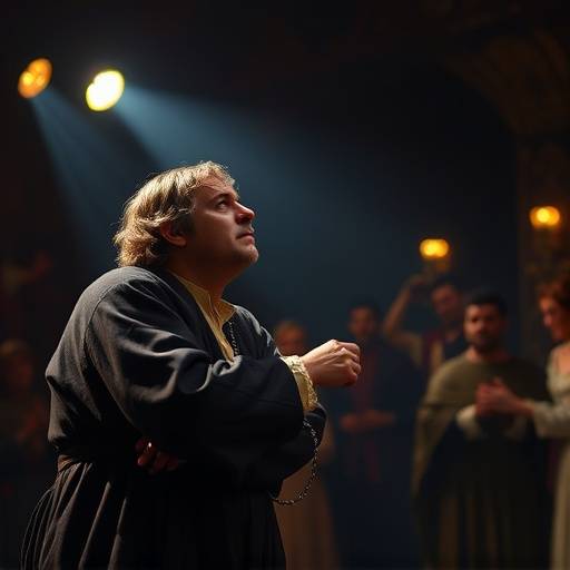 Szene aus der Aufführung von Shakespeares 'Hamlet' mit einem nachdenklichen Schauspieler